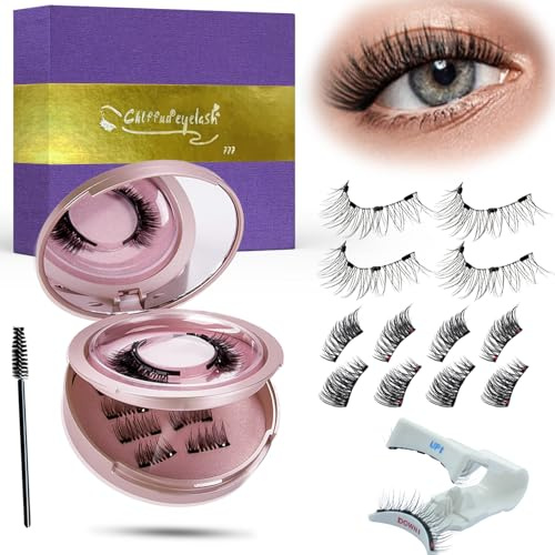 Magnetische Wimpern, Magnet Wimpern Ohne Eyeliner, Streifen & 3/4 Halbwimpern Styles Magnet Wimpern Natürlicher Look,4-Magnet Upgrade Mit Applikator Kein Kleber erforderlich, Chlffua Geschenkbox