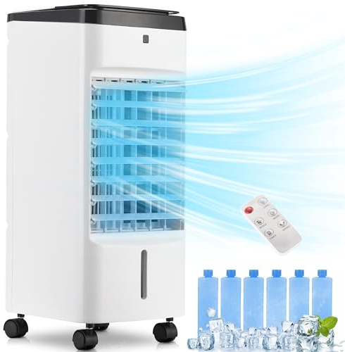 Uthfy Portable Air Conditioners, 3 IN 1 Evaporative Air Cooler with Detachable Water Tank, 6 Ice Packs, 12H Timer, 120° Oscillation, Remote, 3 Speeds, 4 Modes, Swamp Cooler for Bedroom, Office