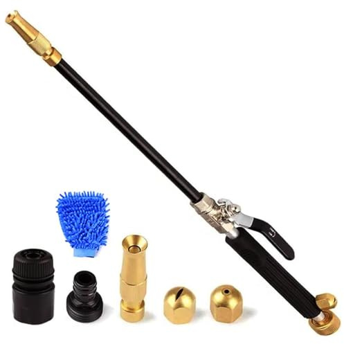 High Pressure Hose Nozzle Kit, Upgraded Jet Hose Nozzle with 2 Spray Tips, Quick Connectors & Car wash gloves, Heavy Duty Brass Nozzle for Garden Hose, Jethose Car Washing, Patio Cleaning Watering
