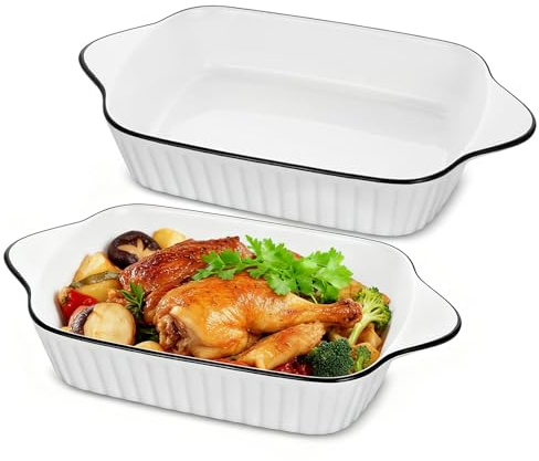 Casserole Dish, 27 x 15cm Ceramic Baking Dishes, Rectangular Lasagna Pan Deep with Handles for Baking, Oven Safe Bakeware for Roasting, Desserts, Durable & Giftable, White(2 PACK)