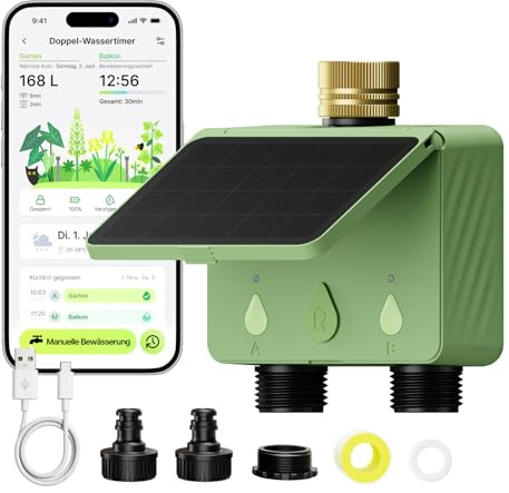 EZAIoT Solar WLAN Bewässerungscomputer für Garten, 2-Wege Smart Bewässerungsuhr mit Durchflussmesser, Kein Hub erforderlich, Messing-Einlass, App & Sprachsteuerung (Alexa/Google), Regenverzögerung