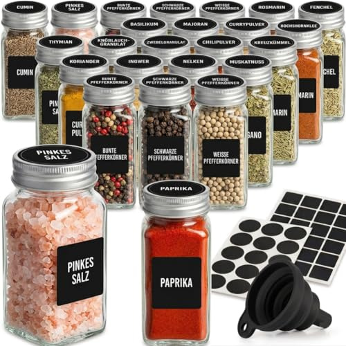 ZEBEN® Gewürzgläser 120ml Set 25 Stück mit Etiketten, Leere Gewürzdosen mit Deckel, Trichter & Reinigungsbürste, Aufkleber zum Beschriften für Küche, Vorratsschrank & Gewürzregal