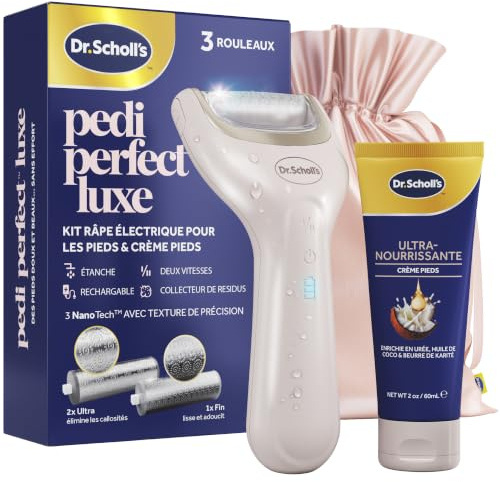 Dr. Scholl's Pedi Perfect Luxe - Lima Eléctrica para Pies con Crema Nutritiva, Kit Pedicura, Elimina Durezas, Pies Suaves, Impermeable, Recargable 90 Minutos, Incluye x3 Cabezales