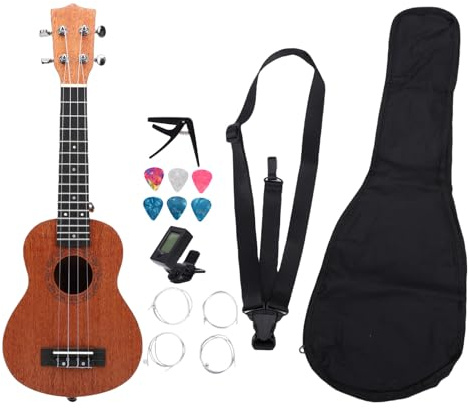 Drfeify Ukulele, Kit per Principianti a 4 Corde in Legno Massello di Mogano da 21 Pollici con Capotasti per Accordatore, Borsa Portatile, per Adulti e Bambini, Principianti, Viaggi