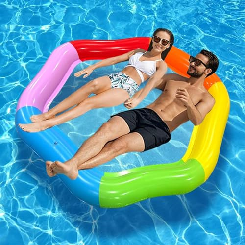 Flotadores Piscina Adultos, Hamaca De Agua Flotante Grandes 157x177 Cm, Colchoneta con Rejilla, Tumbona Hinchable Hexagonal para Piscina Lago Y Playa