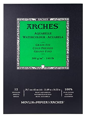 Arches - Papel de acuarela, bloc 12 hojas engomado 1 lado, grano fino, 300 g/m², A3