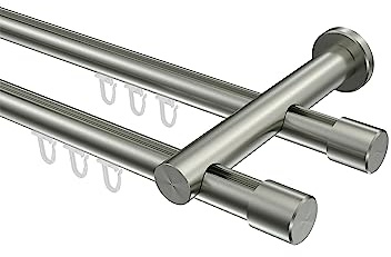 INTERDECO Innenlauf-Gardinenstange 20 mm 2-läufig, moderne Innenlaufstange aus Metall, Edelstahl-Optik, zur Wandmontage, Typ 10213112, 140 cm