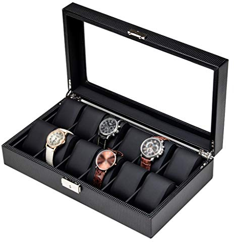Watch Box - Glass Lid 12 Slots Carbon Fiber Luxury Jewellery Display Storage Case Bracelet Tray Showcase Organiser with Glass Top and Lockable Metal Lock