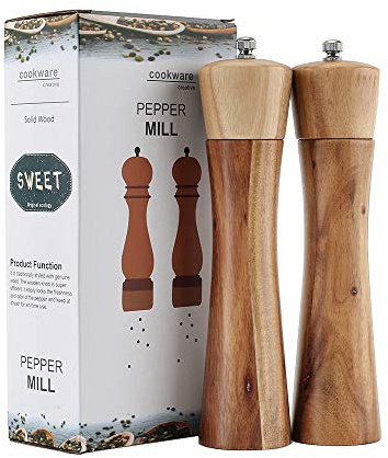 Salz- und Pfeffermühle aus Holz, verstellbare manuelle Salzmühle, Akazienholz, 20,3 cm, Pfeffermühle mit Keramikkern, geeignet für Picknick, Partys, Restaurant, Abendessen, BBQ (2 Stück)