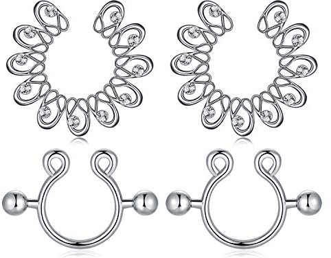 Crdifu 2 Pairs Fake Nipple Ring Stainless Steel Non Pierced Flower Nipple Piercing Jewellery