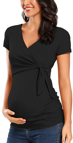 Glampunch Women's Maternity Shirts Short & Long Sleeve Tie Front Wrap Maternity Tops