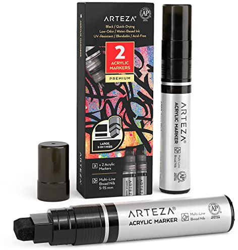 ARTEZA Acrylic Paint Pens, Pack of 2, Black, 3-in-1 Multi-Line Nibs, 5–15 mm Line, UV-Resistant Paint Markers for Rocks, Glass, Metal, and Wood, Art Supplies for School, Office, and Home