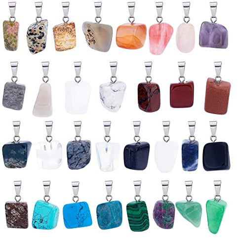 PandaHall 31 Styles Stein Anhänger Kristall Quarz Edelstein Perlen Charms Mit Edelstahl Snap On Bails Für Anhänger Halskette Schmuck DIY Craft Making, 31Stück / Set