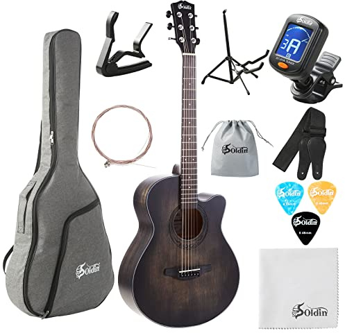 Soldin Guitarra acústica de 40 pulgadas Premium Spruce Top Cutway Acustica Guitarra Bundle kit con funda,soporte de guitarra,sintonizador,correa,capo,cuerdas,paño de limpieza y púas (negro silencioso)