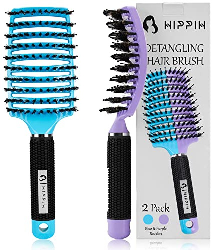 HIPPIH 2 Pack Boar Bristle Hair Brush, Wet & Dry No Pull Curved Vented Hair Brush, Styling Magical Brush Detangler for Kids & Men, Hairbrush for Women Can Adds Shine & Smooth Curly Thick Hair
