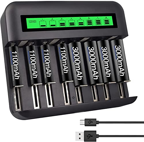 CITYORK LCD Universal Charger For AA AAA C D Batteries, Type C and micro USB input, Mixed pack with 4 x 3000 mAh AA and 4 x 1100 mAh AAA NI-MH batteries
