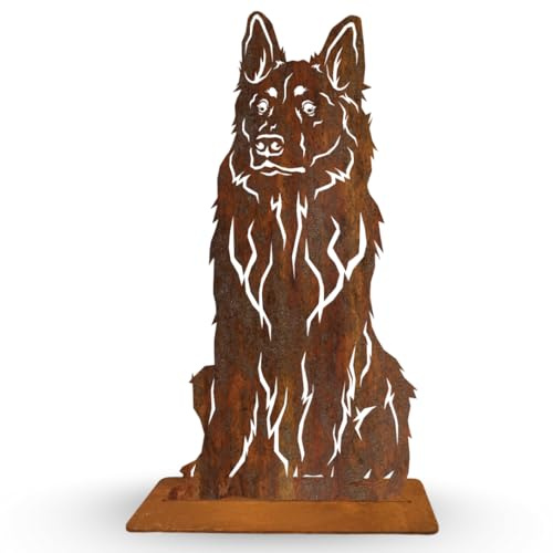 Terma Stahldesign Rost Hund Schäferhund Langhaar lebensgroß Metall Gartenfigur Handmade Germany wetterfest Gartendeko Tierfigur Grabdeko Geschenk
