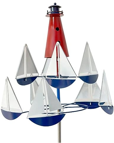reamhome 1 Stück Kinetische Kunst Wind Skulptur Leuchtturm Segelboot Windmühlen für Hof, Windspiel
