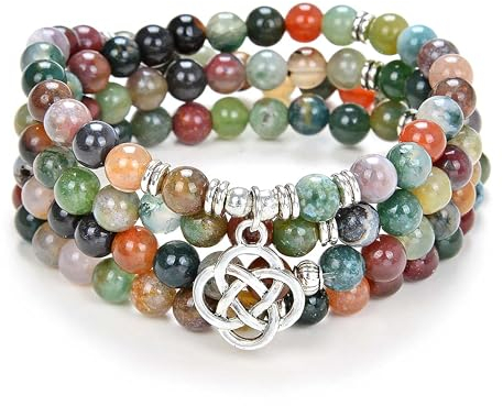 108 Mala Meditation Beads Yoga Armband oder Halskette mit keltischem Knoten Charm (Indischer Achat (Indian Agate))