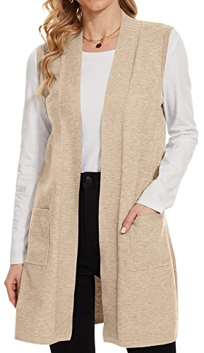 Breezy Lane - Suéter largo para mujer, sin mangas, con solapa, estilo chaleco, de parte frontal abierta, con bolsillos, marrón claro, S