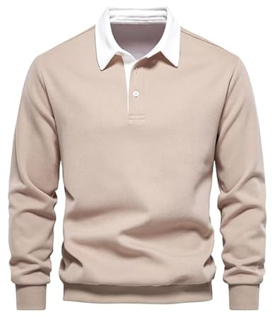 Btmpmcs Män pikétröja vardaglig långärmad t-shirt bomull golf polotröjor t-shirt topp enkel premium rugbytröja, Khaki, S