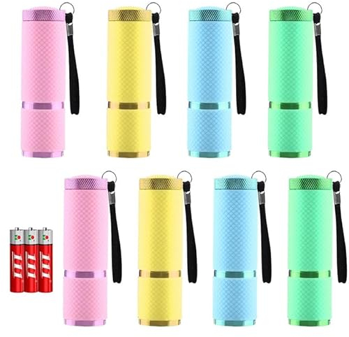 Tulov 8 Stück Mini LED Taschenlampen Kinder Set, Hohe Helligkeit 9 LED Leuchten, Mini Taschenlampe, Kindertaschenlampe mit 24 Batterie für Geburtstage, Camping, Outdoor, Wandern(Gelb&Rosa&Grün&Nlau)