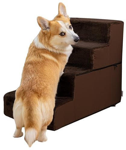 Hundetreppe für Bett - 4 Stufen Hunderampe 58cm hoch - Schaumstoff Treppe für kleine Hunde - Sichere und stabile Haustiertreppe - Abnehmbarer waschbarer Bezug - Hundetreppe für Sofa Braun