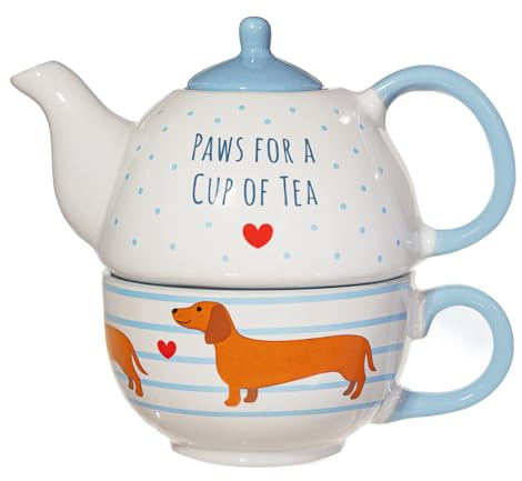 Sass & Belle Sausage Dog Tea for One - Porcelain Teapot Set with Mug Cute Dachshund Design Afternoon Tea Set Gift for Mum, Kitchen Accessory Designed by Sass and Belle