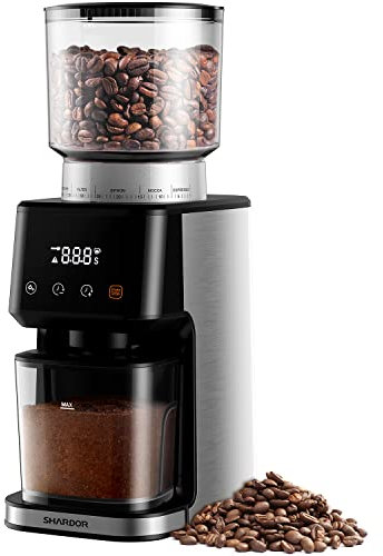SHARDOR Macinacaffè elettrico, 51 livelli, uniforme, fine grado di macinazione regolabile, con 2 dimensioni di supporti per manico, tazze programmabili e tempo, meccanismo conico, antistatico, 165 W