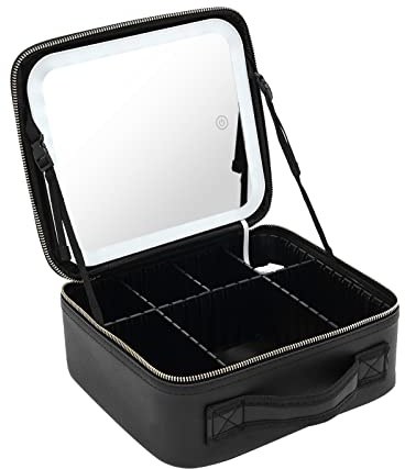 Schminktasche mit Spiegel Portable, Professionelle Make up Tasche mit Spiegel und Licht, Kulturbeutel-Organizer für Reise (Schwarz, Geringe)