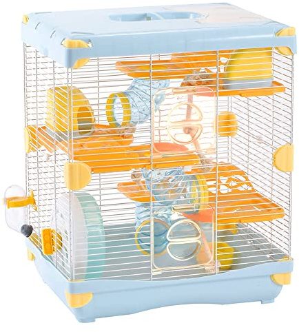 Hamsterkäfig, 3 Ebenen, blau, geräumiges Tablett, leicht zu reinigen, atmungsaktiv, leicht zu reinigen, Größe 36 cm (B) x 26 cm (L) x 42 cm (H), geeignet für kleine Hamster unter 7,6 cm