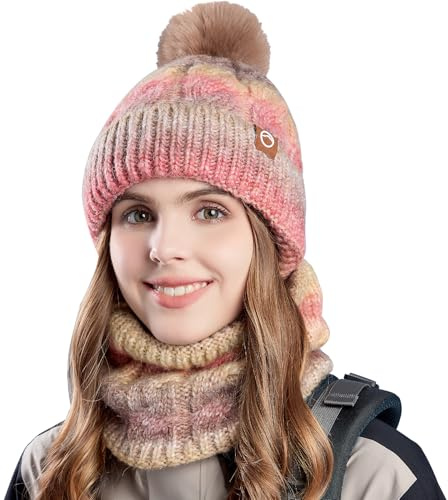 WANYIG Set Berretto Donna Invernale Beanie Sciarpa Invernale Calda Berretto a Maglia con Sciarpa Autunno Set Berretto e Sciarpa con Pompon/Rivestimento Interno in Morbido Pile, rosa scuro, 53-58CM