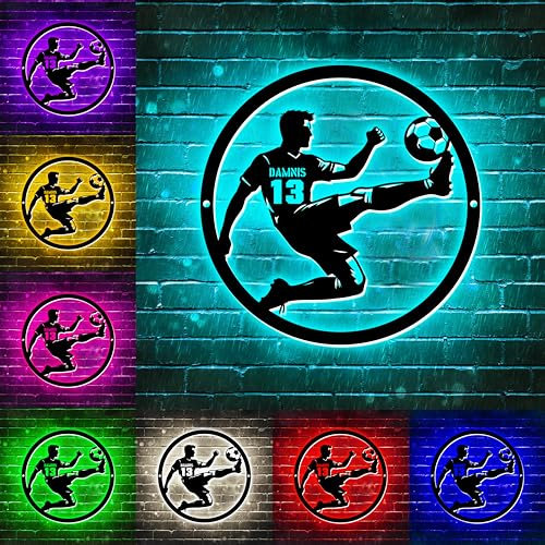 WILINNI Personalised Soccer Metal Sign With Led Lights Custom Name Sign Metal Soccer Neon Sign Sports Theme Gifts For Soccer Player Christmas Birthday (style 23)