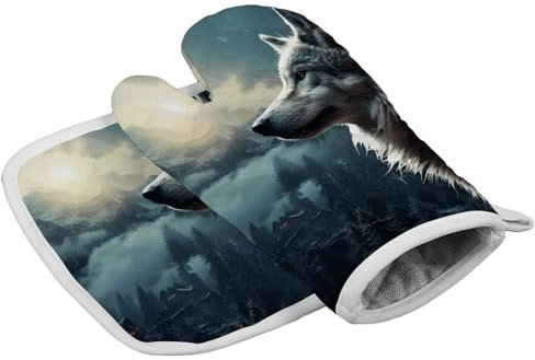 Gants de cuisine personnalisés résistants à la chaleur pour femme - Motif loup la nuit