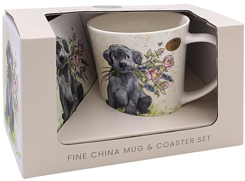 The Leonardo Collection Paper Shed Design Dog with Flowers Mug with Coaster | Home & Kitchen, Stylish Ceramic, Tea & Coffee, Coaster Included
