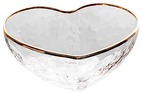 BEBEMOKO Heart-Shaped Glass Salad Bowl Gold Rim, Large Fruit and Dessert Bowl, Hammered Texture Glassware for Elegant Table Serving