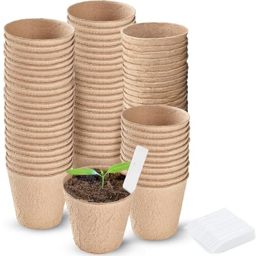 WY8 100 Piece 8CM Round Biodegradable Organic Fibre Seedling Pots for Plant Cultivation – Compostable Containers Easy to Transplant Ideal for Garden & Greenhouse Starter Items with 10 White Labels