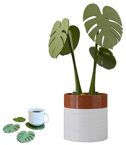 Monstera Plant Coasters Set 3D Printed, Waterproof&Anti-Scald Plant Coaster, Funny 3D Printed Coasters Magnetically, Reusable Creative Coaster Plant for Dining Table, Office Desk(White Flower Pots)
