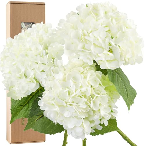 FiveSeasonStuff Snowy White Real Touch Hydrangea Flowers – 3 Large Stems Artificial Hydrangeas for Wedding Bouquets, Centerpieces & Home Table Decor – Gift Box Included