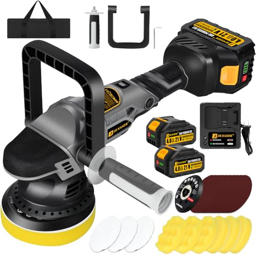 JEXUGK Cordless Buffer Polisher, 21V 15mm 5 Inch 1000W Brushless DA Polisher Kit for Waxing, Polishing with 2 x 4.0Ah Batteries, 3 Speeds for 2000-6000 RPM Boat Polishing and Waxing