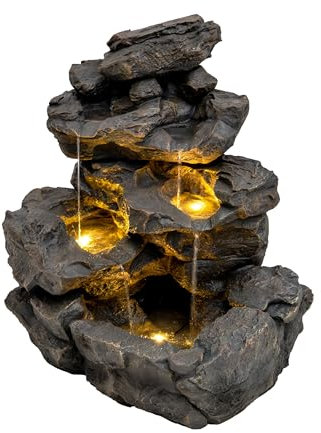 Fontana Cascata da Esterno in Poliresina Grigia con 3 Luci LED Bianche Calde, Pompa Elettrica, Cavo da 7m – Rustic Rapids + Spazzola per Pulizia Inclusa