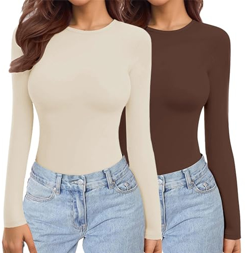 Ekouaer Damen 2 Pack Langarmshirt Thermo Tops XS-XXL | figurbetont, dehnbar, weicher Thermostoff mit Micro-Fleece, ausreichend lang zur Bauchabdeckung