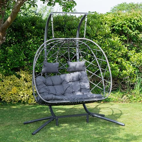 Samuel Alexander 2 Seater Hanging Garden Rattan Egg Chair with Steel Frame Outdoor Swing Folding Cocoon Chair Rattan Garden Furniture Conservatory Furniture and Waterproof Cover in Grey