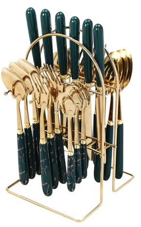Stainless Steel Flatware Set, 24 Piece Cutlery Set with Holder, Service for 6, Spoons Forks Knives Set, Hanging Set for Restauroom Wedding Birthday Parties (Golden, Dark Green)