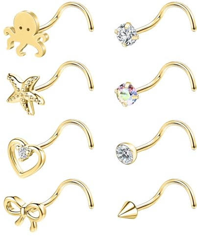 ZS 8Pcs 20G Stainless Steel Heart CZ Nose Studs l Shaped Corkscrew Nose Piercing Jewelry Gold Silver, Hypoallergenic Nose Rings Studs Set For Women Men