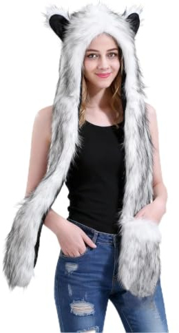 ITODA Women Hooded Scarf Hat 3 in 1 Faux Fur Hat Scarf Gloves Wolf Animal Cosplay Hats Thermal Winter Hats Full Hood Cap Warm Hooded Ear Flaps Long Scarves Xmas Birthday Gifts