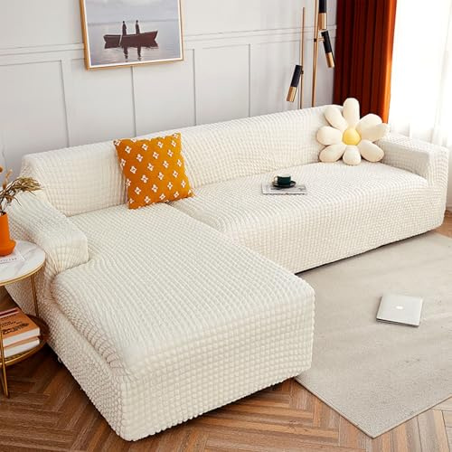 UHVUJDUI Sofabezug Ecksofa L Form Sofa Überwürfe Stretch Sofabezug L Form Rechts Oder Links Universal Couchbezug,Sofaschoner 1 Stück Waschbar Sofa Cover L Shape(Milk White,235cm-300cm)