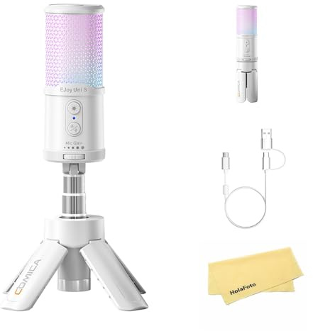 COMICA Ejoy Uni S Micrófono USB con Soporte Retráctil - Grabación en Estudio a 48 kHz/24 bits, Luz RGB Dinámica, Reducción de Ruido con IA, para Streaming, Podcasting y Grabación (Blanco)