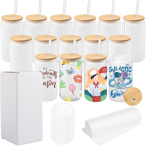 ASMIZ Lot de 12 Verres Givrés à Sublimation 16oz, Gobelets en Verre Borosilicate avec Couvercles en Bambou et Pailles, Blanks pour Bière, Jus, Soda, Café Glacé, Boissons