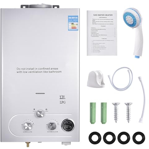 12LPM Gas Durchlauferhitzer, 24kw Propangas Durchlauferhitzer mit Super Niedrigem 0,2 bar Startwasserdruck, Betrieben mit für Zuhause Wohnmobile Kabinen Scheunen, Dusche & Täglichen Gebrauch, Silber